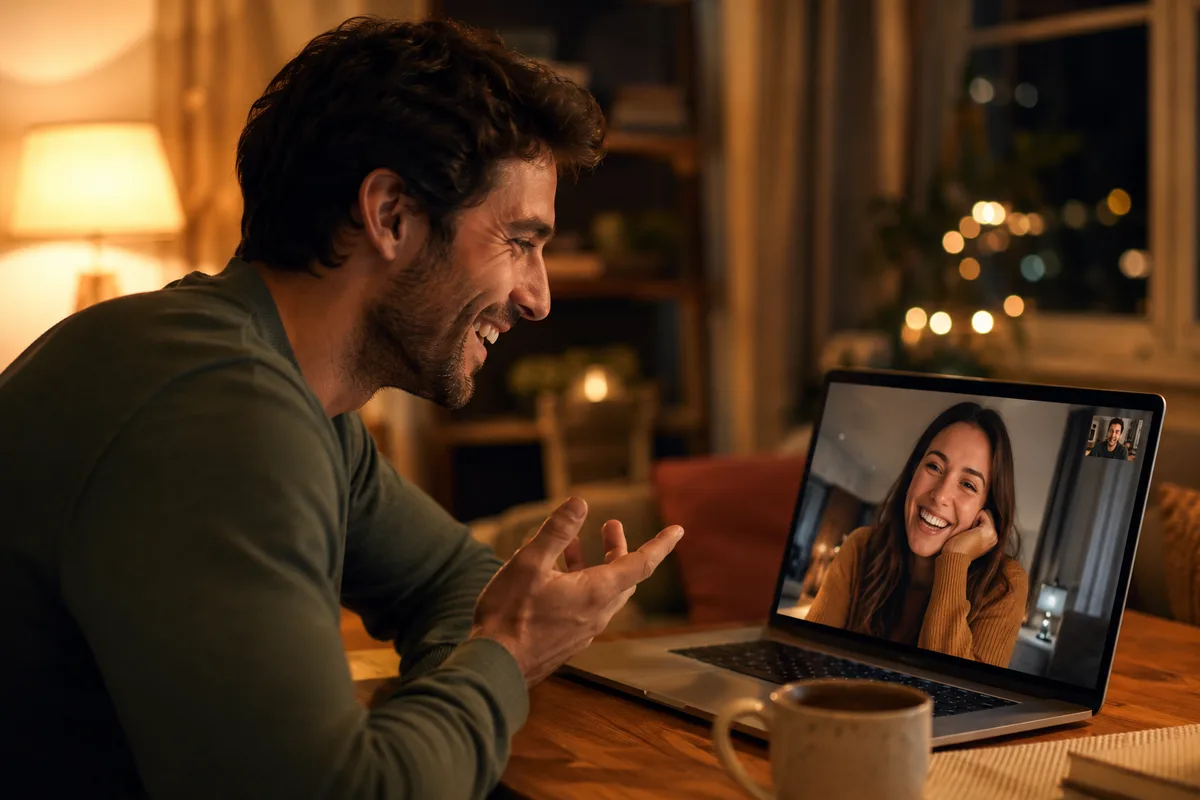 Man smiling during a video chat on his laptop