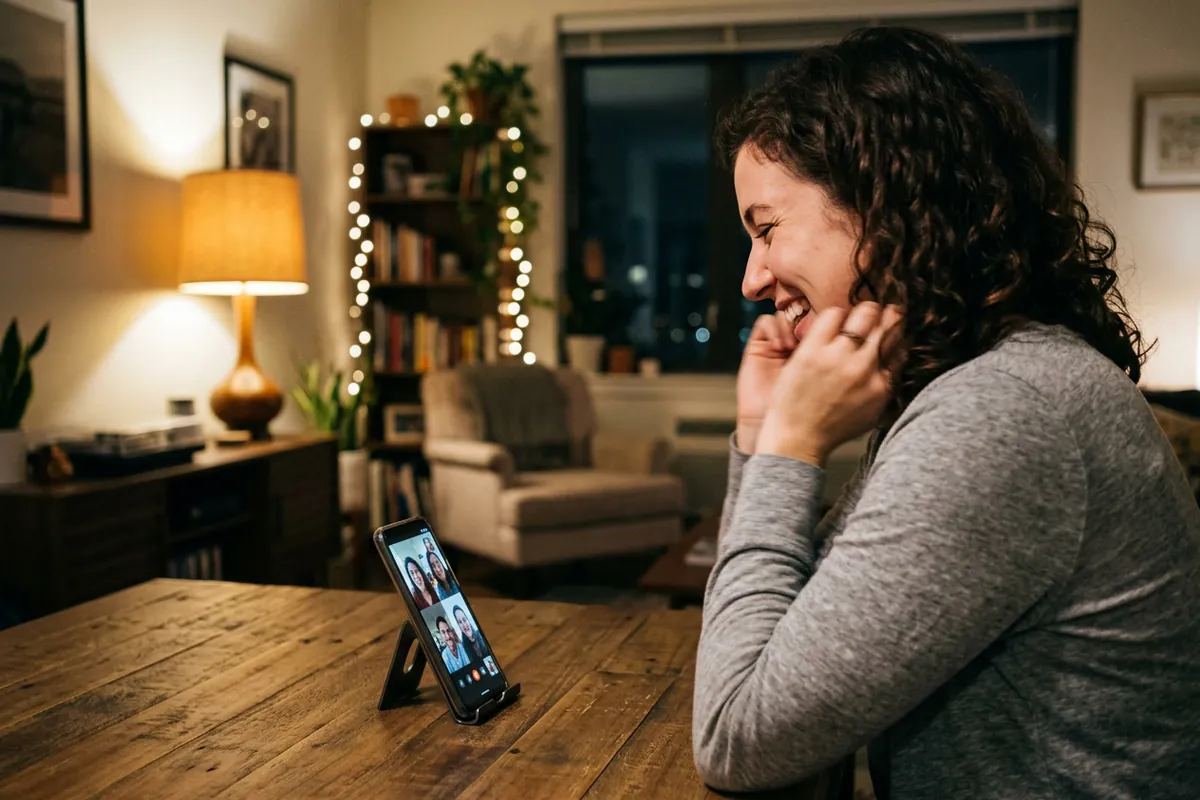 Woman laughing during a private one-on-one video chat in the evening