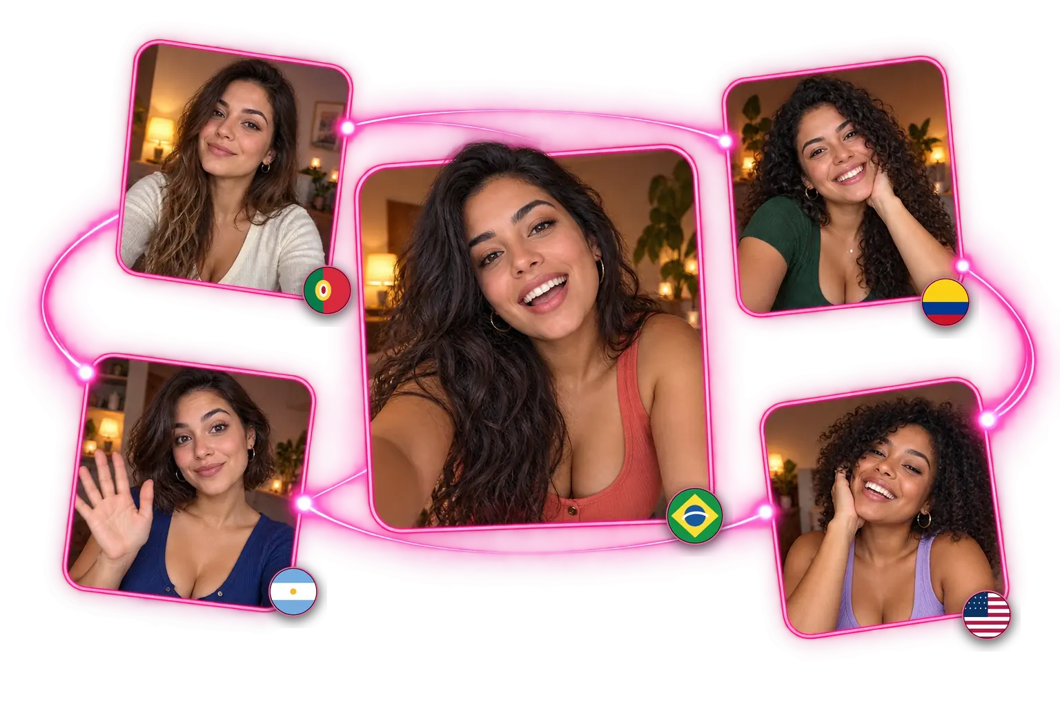 Chamadas de vídeo com mulheres do Brasil, Portugal, Colômbia, Argentina e EUA